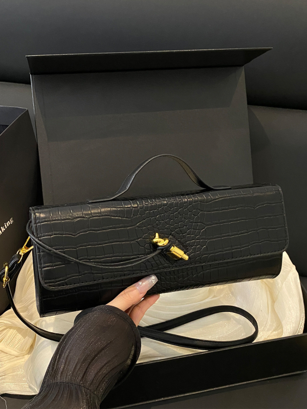 PU ženska torba s krokodilinim uzorom, horizontalan baguette oblik, zatvaranje brava, unutarnji pretinci za telefon i ID, jedna naramenica