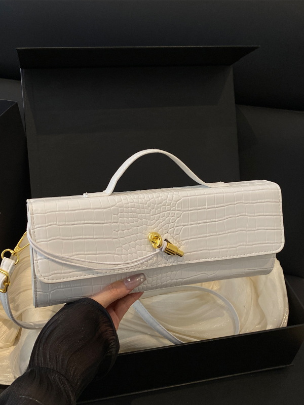 PU ženska torba s krokodilinim uzorom, horizontalan baguette oblik, zatvaranje brava, unutarnji pretinci za telefon i ID, jedna naramenica