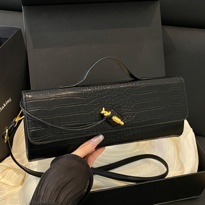 PU ženska torba s krokodilinim uzorom, horizontalan baguette oblik, zatvaranje brava, unutarnji pretinci za telefon i ID, jedna naramenica