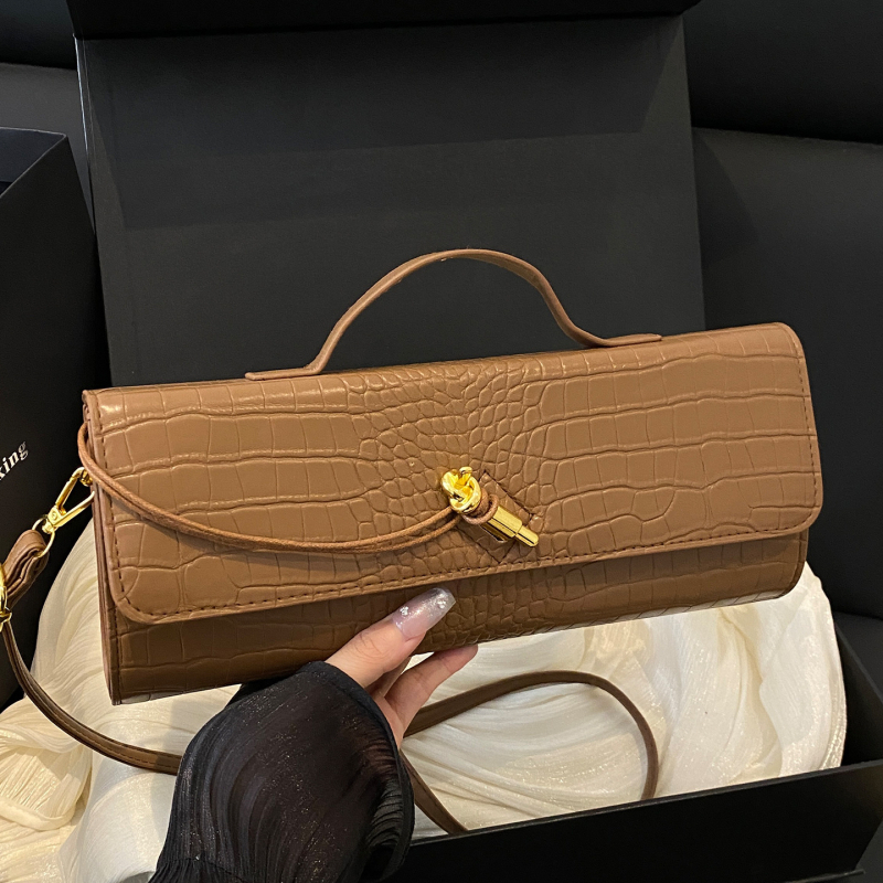 PU ženska torba s krokodilinim uzorom, horizontalan baguette oblik, zatvaranje brava, unutarnji pretinci za telefon i ID, jedna naramenica