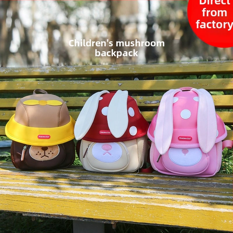 Bērnu mugursoma ar sēņu motīvu un garām ausīm, diving audums, elpojoša un ārkārtīgi viegla, plecu siksnas ar gaisa spilvenu, unisex