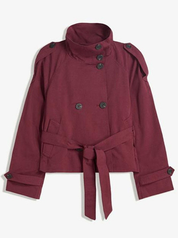 Női állógalléros, kétsoros gombos windbreaker, derekat összeszorító kötőfűző, poliészter, hosszú ujjú