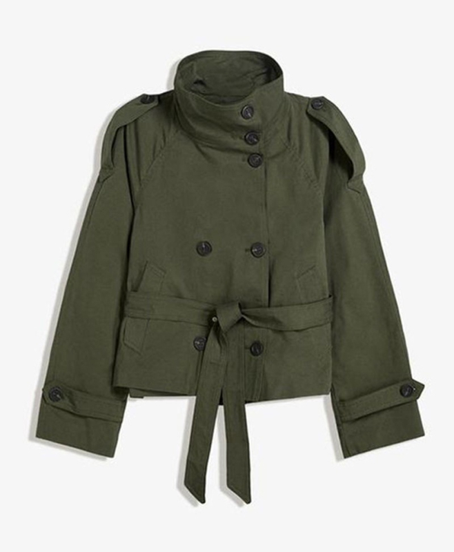 Női állógalléros, kétsoros gombos windbreaker, derekat összeszorító kötőfűző, poliészter, hosszú ujjú