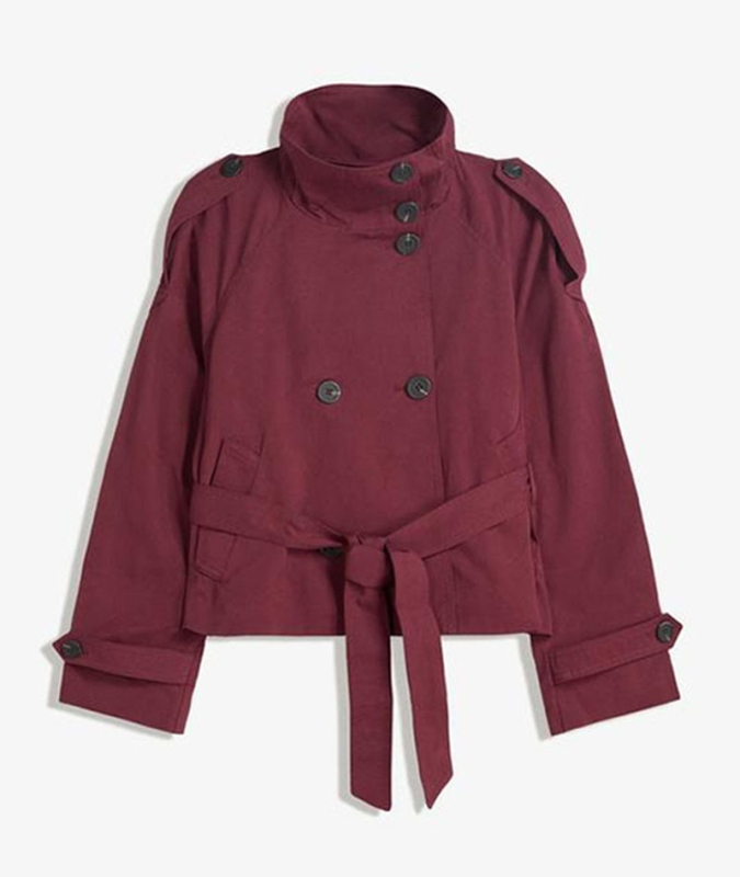 Női állógalléros, kétsoros gombos windbreaker, derekat összeszorító kötőfűző, poliészter, hosszú ujjú