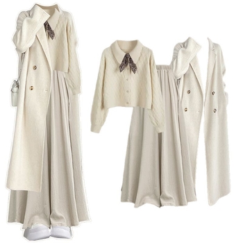 Дамски ежедневен комплект от три части: ветровка в корейски стил + плетен пуловер + кюлоти, дълги ръкави; пролет 2025; топ костюм; стил кралска сестра; печат и боядисване