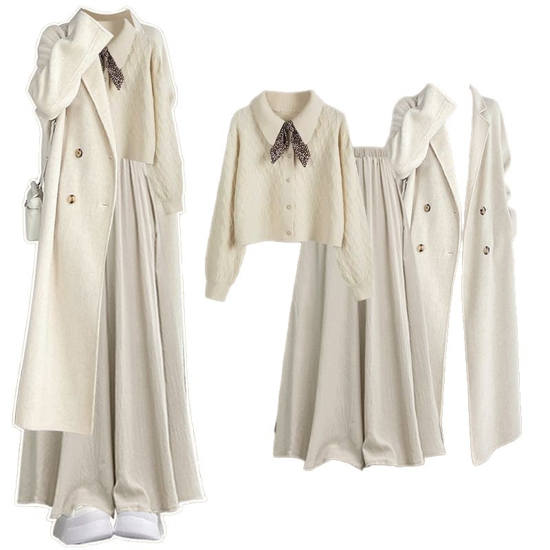 Дамски ежедневен комплект от три части: ветровка в корейски стил + плетен пуловер + кюлоти, дълги ръкави; пролет 2025; топ костюм; стил кралска сестра; печат и боядисване