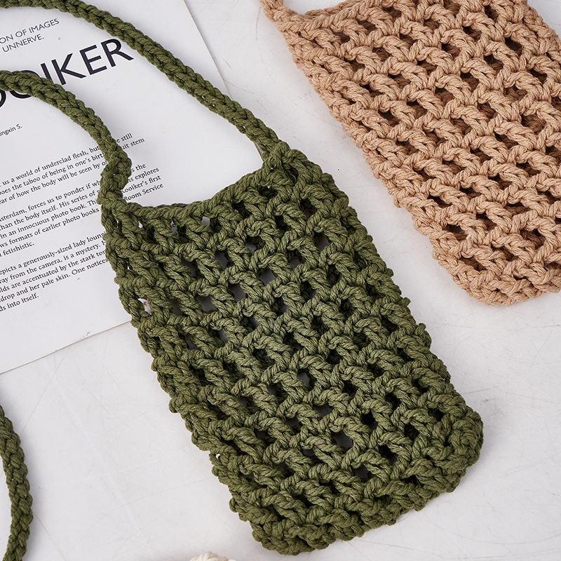 Rankų darbo medvilnės virvės telefono rankinė — atvira viršuje, vertikalus kvadrato formos dizainas, unisex, Hao Kun