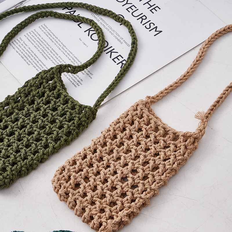 Rankų darbo medvilnės virvės telefono rankinė — atvira viršuje, vertikalus kvadrato formos dizainas, unisex, Hao Kun