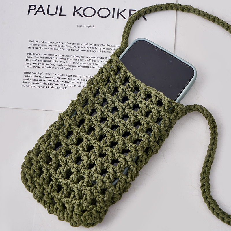 Rankų darbo medvilnės virvės telefono rankinė — atvira viršuje, vertikalus kvadrato formos dizainas, unisex, Hao Kun