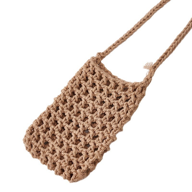 Rankų darbo medvilnės virvės telefono rankinė — atvira viršuje, vertikalus kvadrato formos dizainas, unisex, Hao Kun