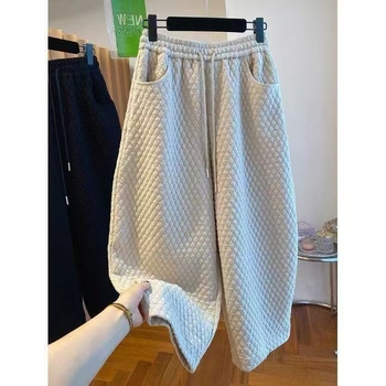 Damske hlače s visokim strukom, quilted, tople od poliestera, ležernog kroja