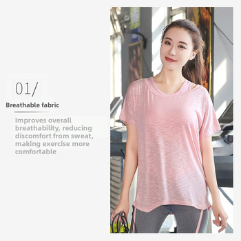 Solabe sievietes brīvi pieguļošs fitnesa top – elpojošs ātri žūstošs trikotāža, 65% viskoze, 30% poliestera, 5% spandeks, apaļš kakls, 3/4 piedurknes