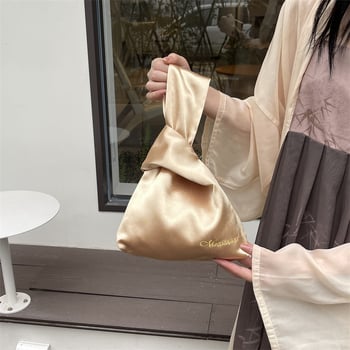 Geantă de încheietură din satin pentru femei, nod, stil urban minimalist, material textil, geantă subraț, formă verticală pătrată, buzunar pentru telefon și buletin