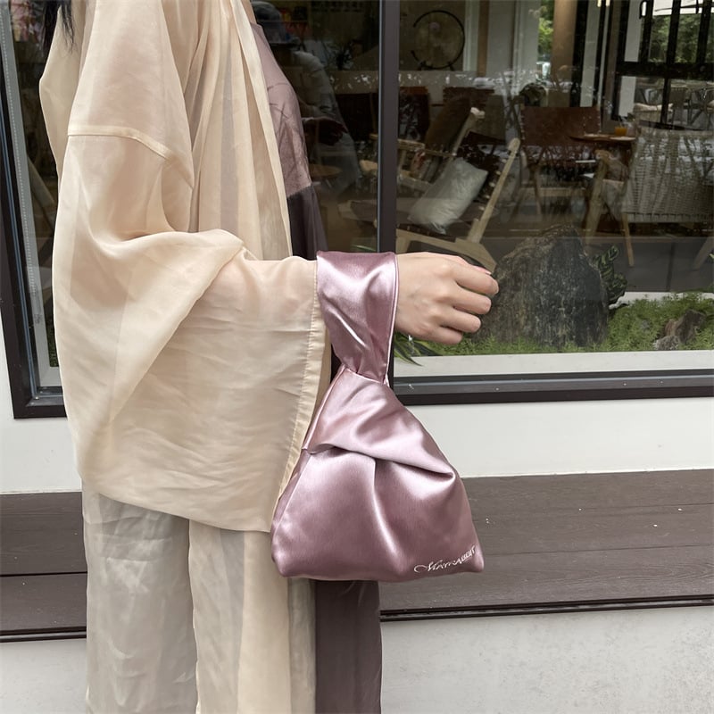 Geantă de încheietură din satin pentru femei, nod, stil urban minimalist, material textil, geantă subraț, formă verticală pătrată, buzunar pentru telefon și buletin