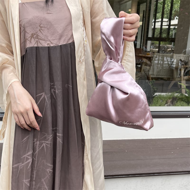 Geantă de încheietură din satin pentru femei, nod, stil urban minimalist, material textil, geantă subraț, formă verticală pătrată, buzunar pentru telefon și buletin