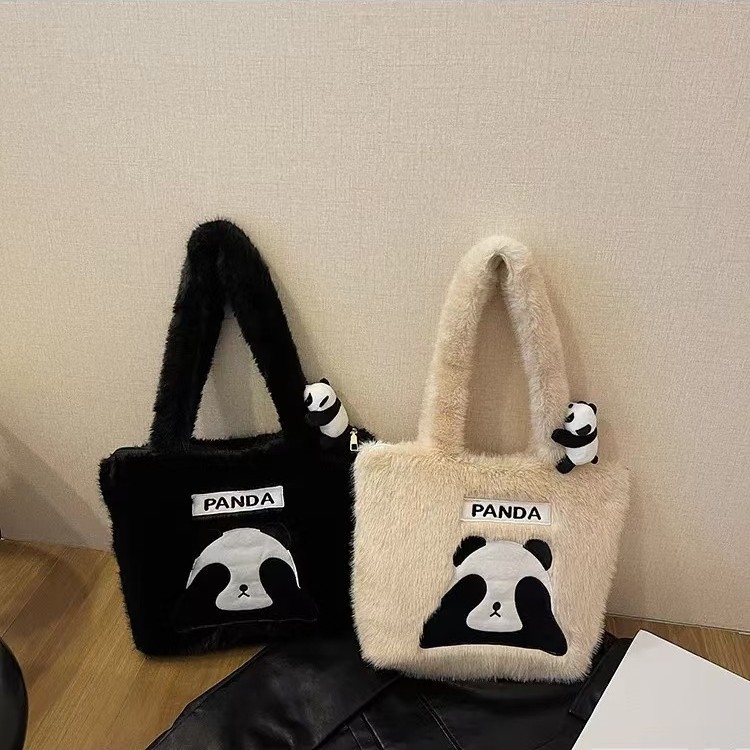 Geantă tote din pluș Panda, stil proaspăt și drăguț, închidere cu fermoar, formă verticală pătrată, buzunare interioare pentru telefon și ID