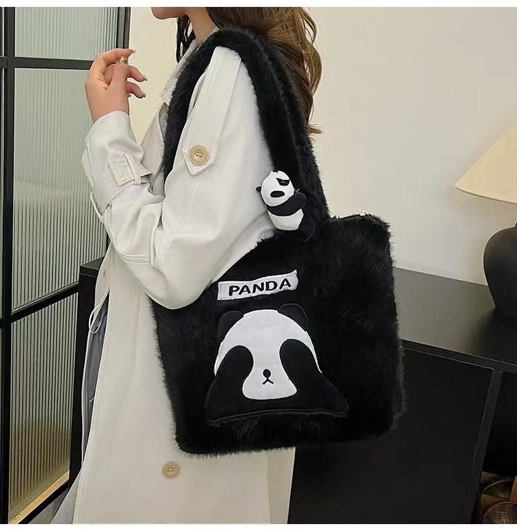 Geantă tote din pluș Panda, stil proaspăt și drăguț, închidere cu fermoar, formă verticală pătrată, buzunare interioare pentru telefon și ID