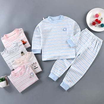 Set de pijamale pentru copii din bumbac termic, unisex, 85% bumbac, absorbție a umidității, guler rotund, model animale sau dungă