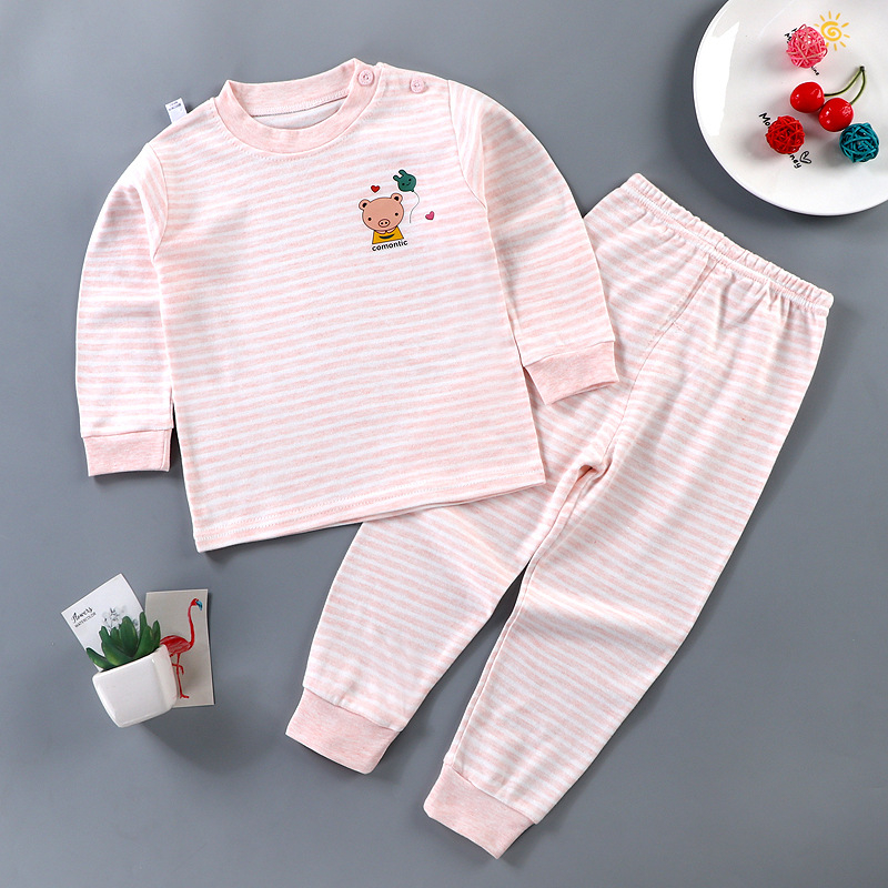 Set de pijamale pentru copii din bumbac termic, unisex, 85% bumbac, absorbție a umidității, guler rotund, model animale sau dungă