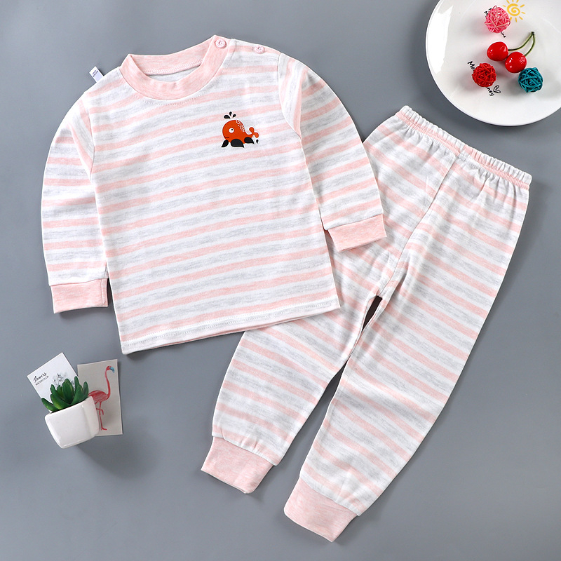 Set de pijamale pentru copii din bumbac termic, unisex, 85% bumbac, absorbție a umidității, guler rotund, model animale sau dungă