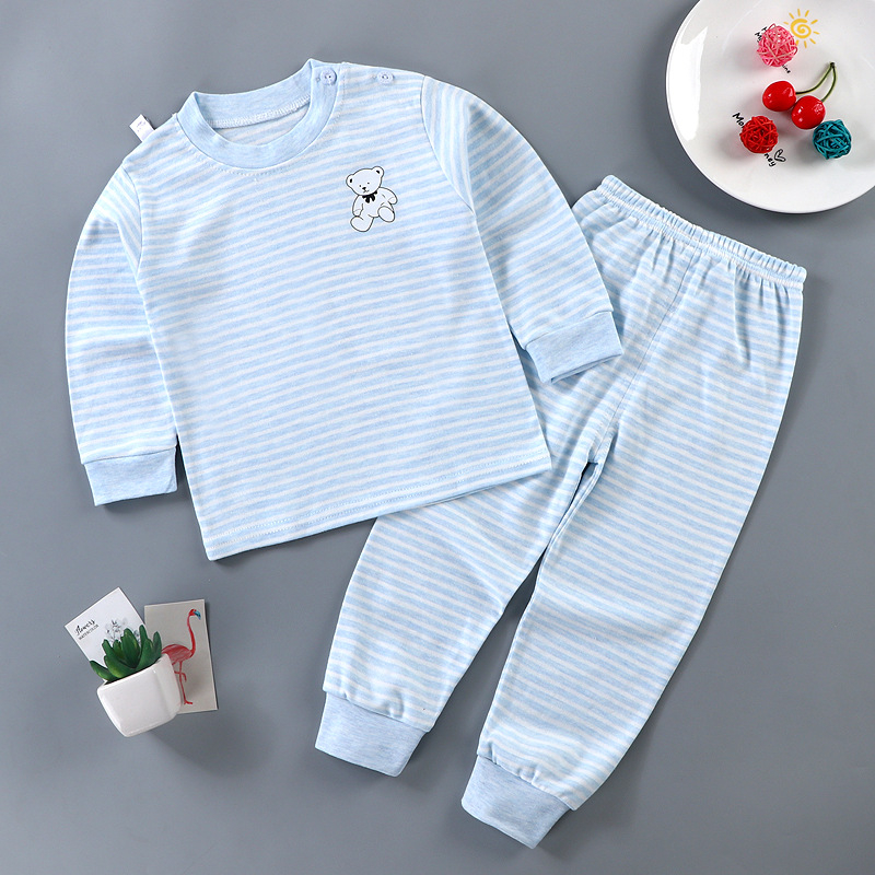 Set de pijamale pentru copii din bumbac termic, unisex, 85% bumbac, absorbție a umidității, guler rotund, model animale sau dungă