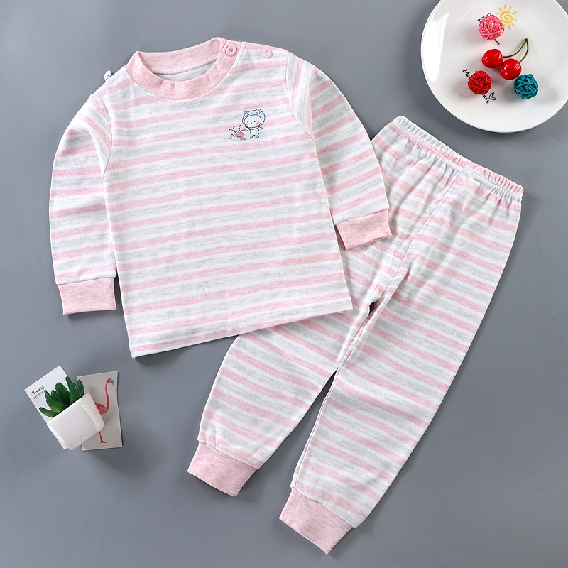 Set de pijamale pentru copii din bumbac termic, unisex, 85% bumbac, absorbție a umidității, guler rotund, model animale sau dungă