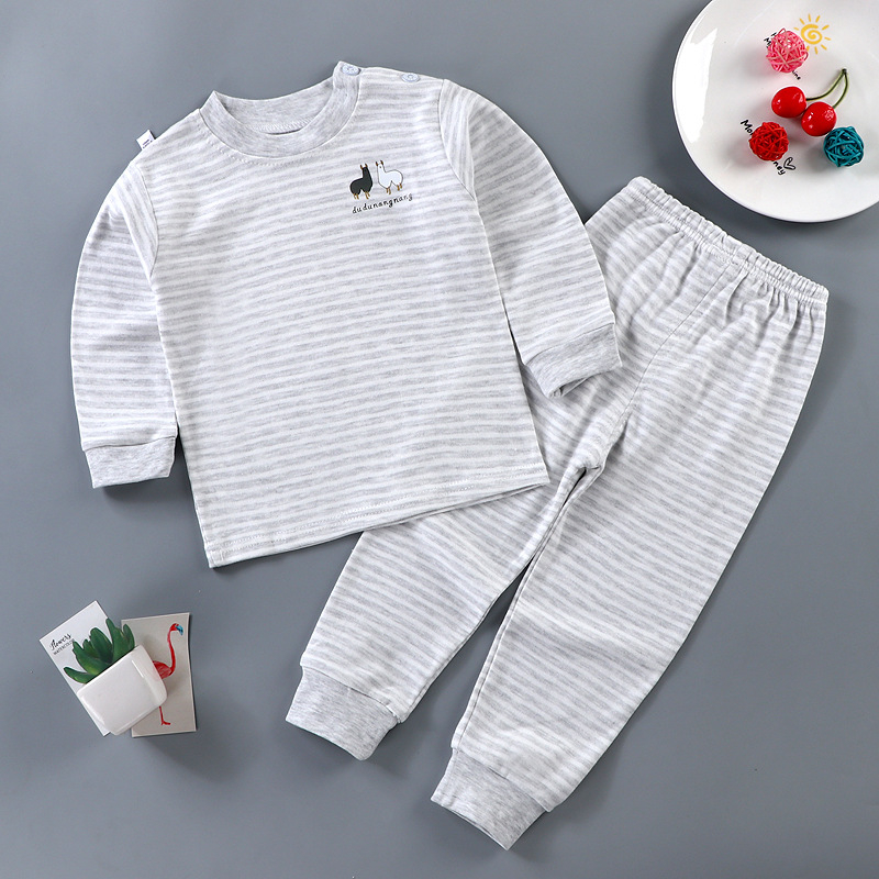 Set de pijamale pentru copii din bumbac termic, unisex, 85% bumbac, absorbție a umidității, guler rotund, model animale sau dungă