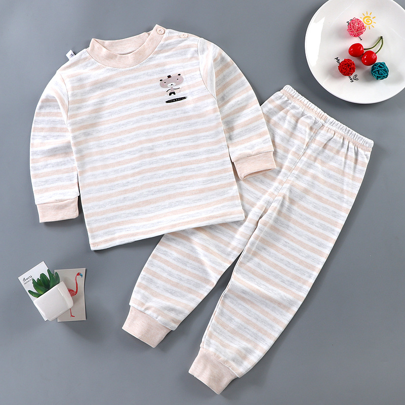 Set de pijamale pentru copii din bumbac termic, unisex, 85% bumbac, absorbție a umidității, guler rotund, model animale sau dungă