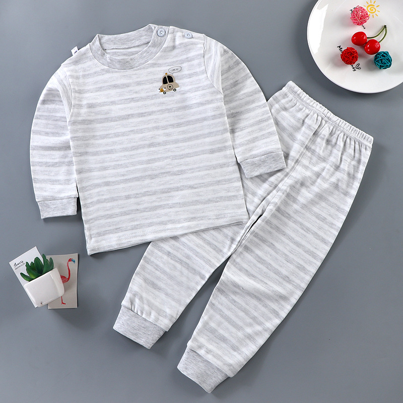 Set de pijamale pentru copii din bumbac termic, unisex, 85% bumbac, absorbție a umidității, guler rotund, model animale sau dungă