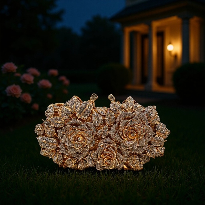 Dai Wei rózs alakú gyémánt-stílusú esté-táska, mágneses zárás, külső ötvözet, belső szintetikus bőr bélés, háromdimenziós külső dizájn, mobiltelefon-zseb, tavasz 2025