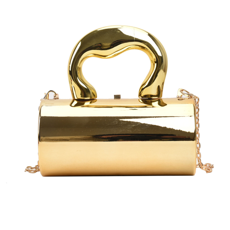 Akril doboz alakú táska, hengeres formájú, záras lezárású, láncos váll- és keresztpánttal, bélés nélkül