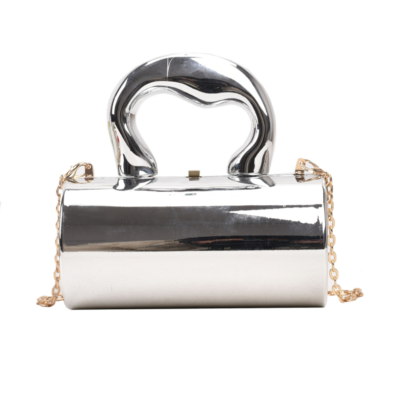 Akril doboz alakú táska, hengeres formájú, záras lezárású, láncos váll- és keresztpánttal, bélés nélkül