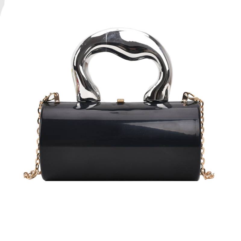 Akril doboz alakú táska, hengeres formájú, záras lezárású, láncos váll- és keresztpánttal, bélés nélkül