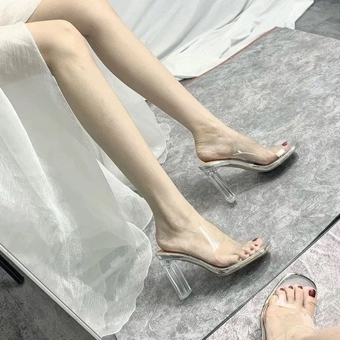 Läbipaistev kõrge kontsaga sandalid, PU ülemine, PU vooder, kummitald, ümmargune varvas, platvorm.