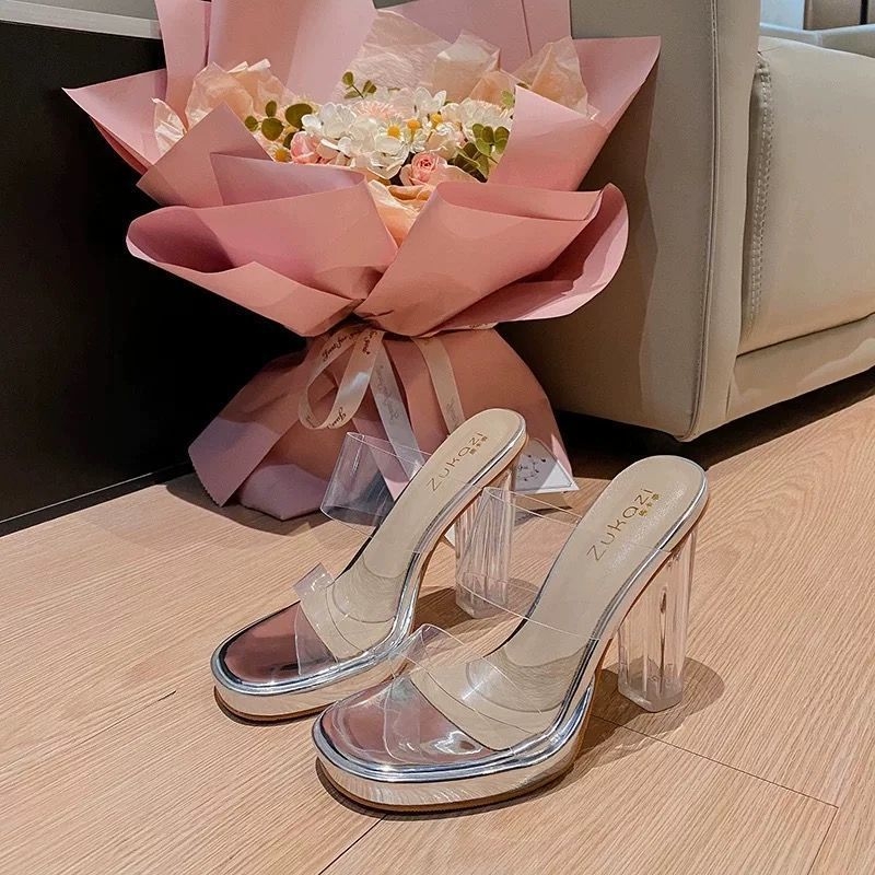 Läbipaistev kõrge kontsaga sandalid, PU ülemine, PU vooder, kummitald, ümmargune varvas, platvorm.