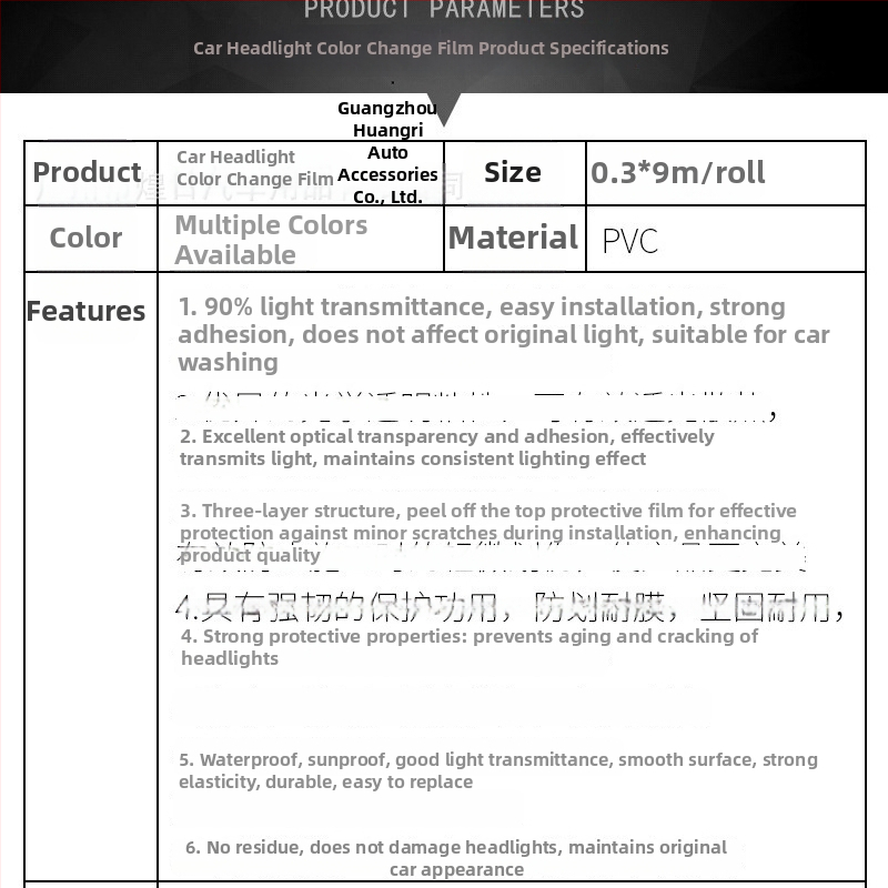 Automobilio priekinio ir galinio žibinto filmas, skaidrus PVC lipnus dekoratyvinis filmas modifikacijai, 3 metų garantija, bendro pobūdžio naudojimui, 10% matomojo šviesos atspindžio