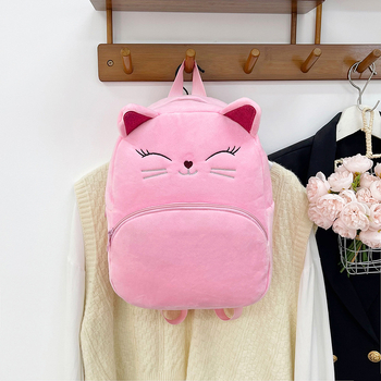 Pliša bērnu mugursoma ar kaķa karikatūras motīvu, izturīga pret nolietojumu, izliektas plecu siksnas, poliestera oderējums