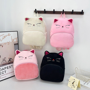 Pliša bērnu mugursoma ar kaķa karikatūras motīvu, izturīga pret nolietojumu, izliektas plecu siksnas, poliestera oderējums