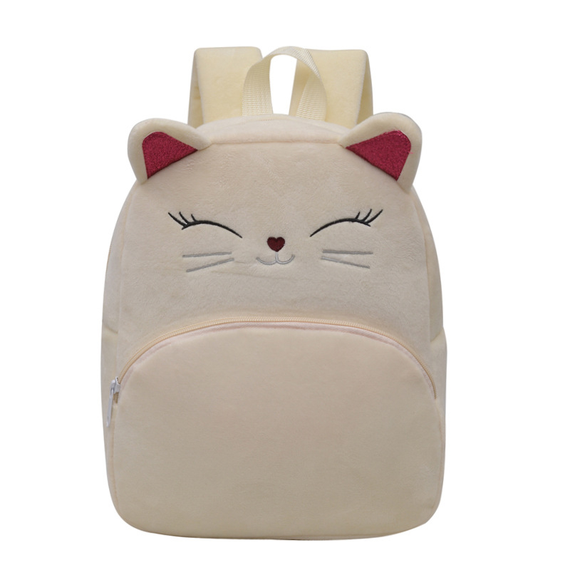 Pliša bērnu mugursoma ar kaķa karikatūras motīvu, izturīga pret nolietojumu, izliektas plecu siksnas, poliestera oderējums