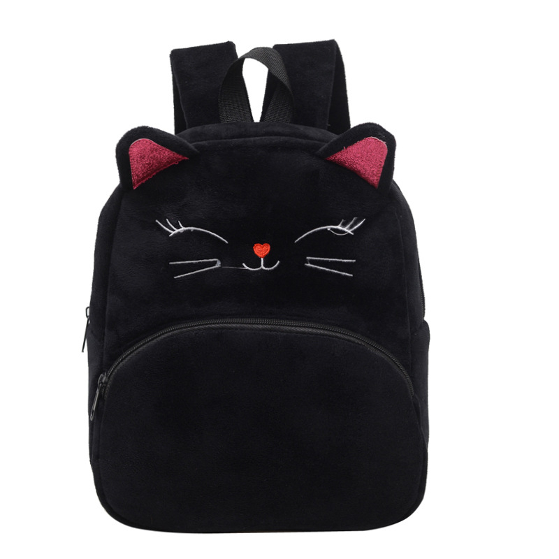 Pliša bērnu mugursoma ar kaķa karikatūras motīvu, izturīga pret nolietojumu, izliektas plecu siksnas, poliestera oderējums