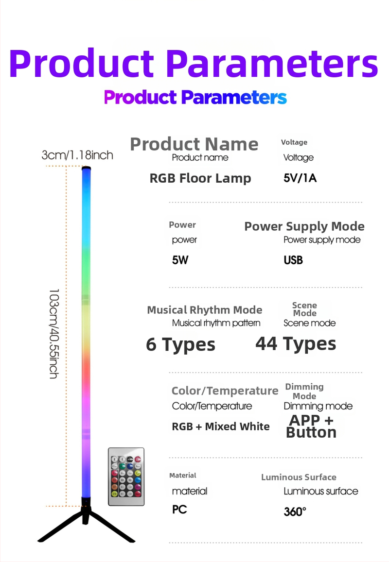 LED grindų lempa, reguliuojamas aukštis, PC+PP korpusas, apšvietimo zona 5–10 m², nuotolinis valdymas