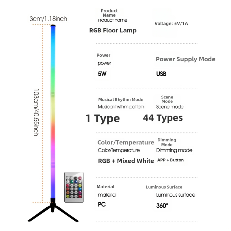 LED stāvlampa, regulējams augstums, korpuss PC+PP, starojuma platība 5–10 m², tālvadības vadība