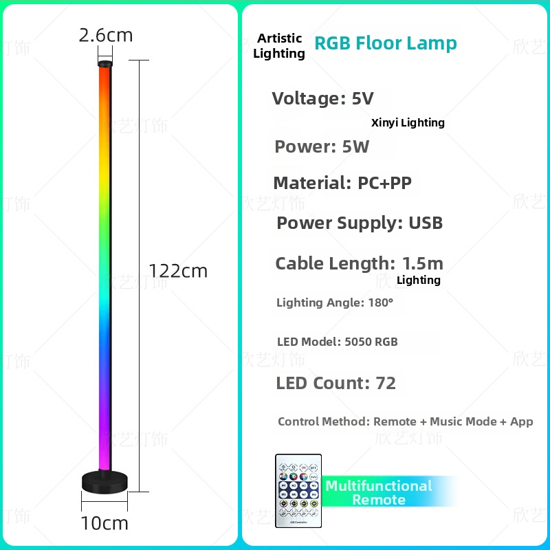 LED grindų lempa, reguliuojamas aukštis, PC+PP korpusas, apšvietimo zona 5–10 m², nuotolinis valdymas