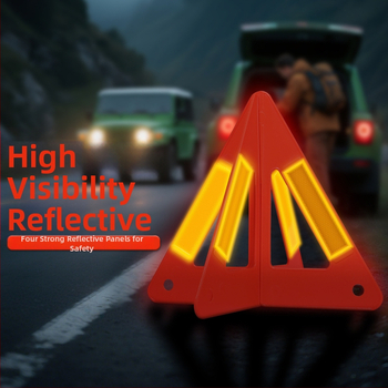 Sulankstomas automobilio trikampio įspėjamojo ženklo su ilgo nuotolio atspindinčia šviesa – avarinėms situacijoms ir skubiam parkavimui, ABS medžiaga, komplektas metinei patikrai