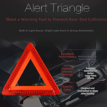 LED apšviestas trikampio įspėjimo ženklas automobiliui su atrama, medžiaga: benzenas + geležis, maitinimas baterijomis (3×5 baterijų)