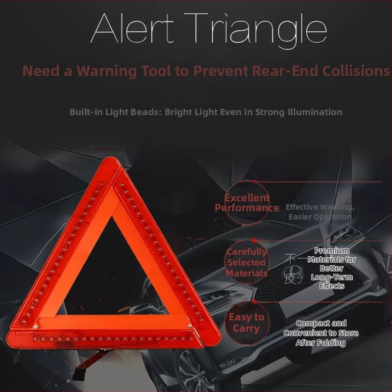 LED gaismas trijstūra brīdinājuma zīme ar statīvu automašībai, materiāls: benzols + dzelzs, barošana ar baterijām (3×5 baterijas)