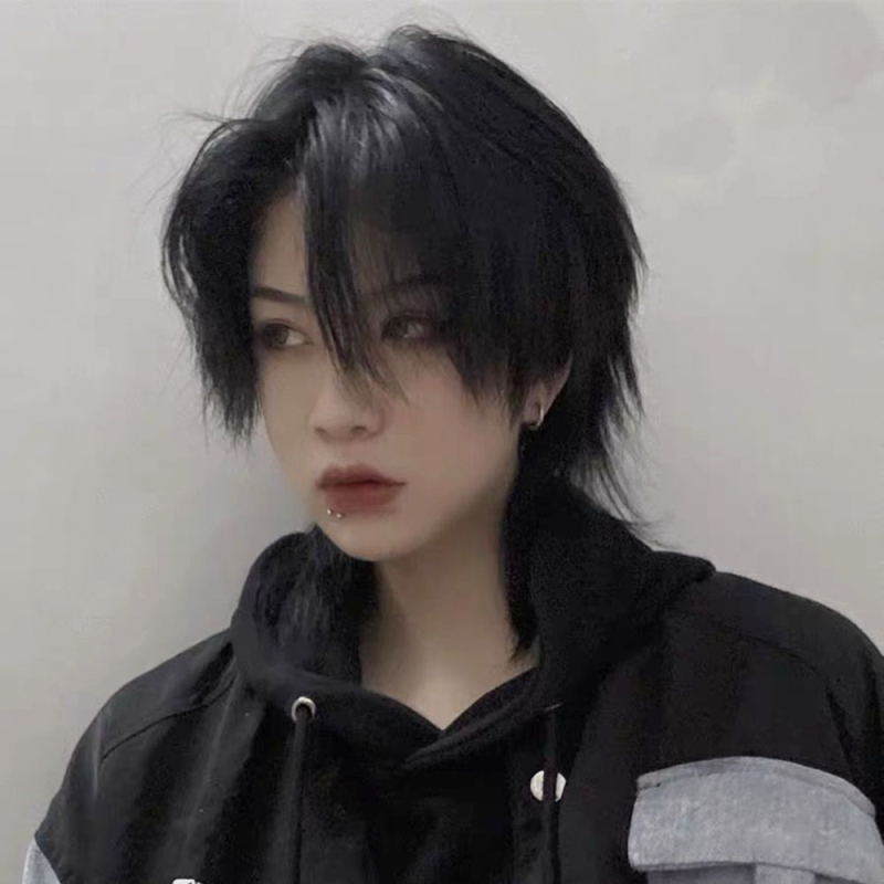 Perucă pentru bărbați, stil coreean, păr scurt, mullet și coadă de lup, aspect realist, material din sârmă rezistentă la temperatură, poate fi vopsită