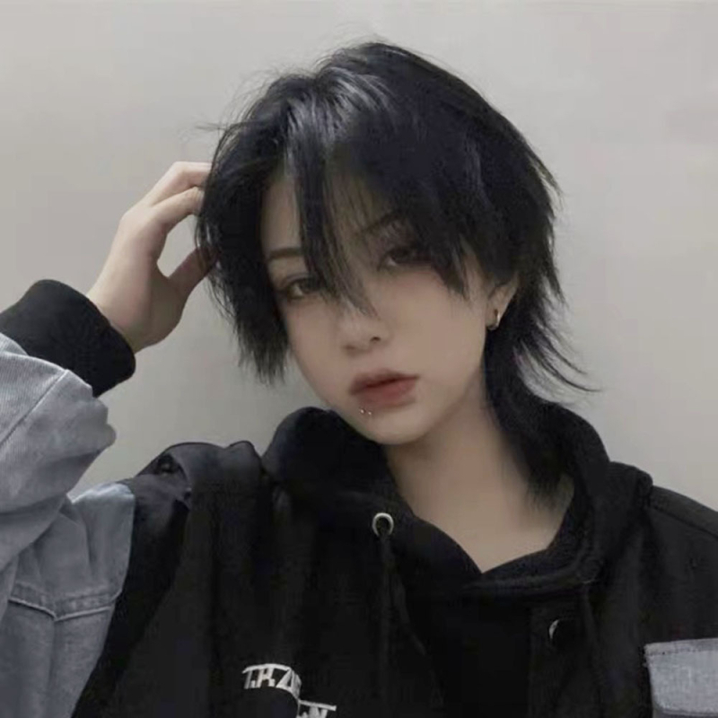 Perucă pentru bărbați, stil coreean, păr scurt, mullet și coadă de lup, aspect realist, material din sârmă rezistentă la temperatură, poate fi vopsită