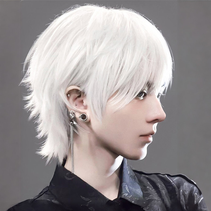 Perucă cosplay pentru bărbați, lungime scurtă, material mătase locală, model 524, construcție mecanică, vopsire fără încălzire, aspect pufos și natural, marca Mera Silk