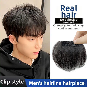 Vyrams skirtas plaukų papildas iš tikrų žmogaus plaukų – rankų austa, tiesus priekinis dalis, dengia aukštą kaktą; galima dažyti.